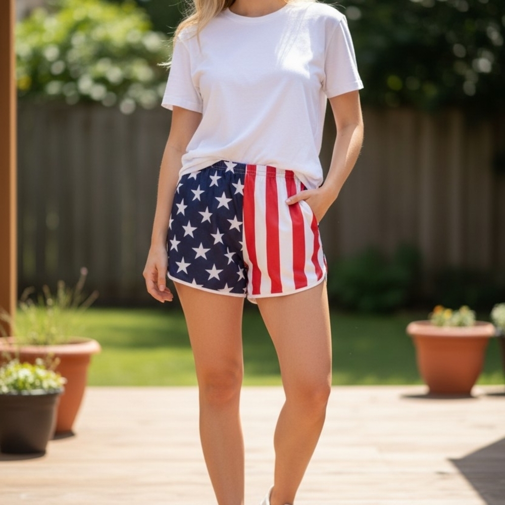 Grunt Style Women’s Athletic Stars & Stripes Shorts - Red, White & Blue